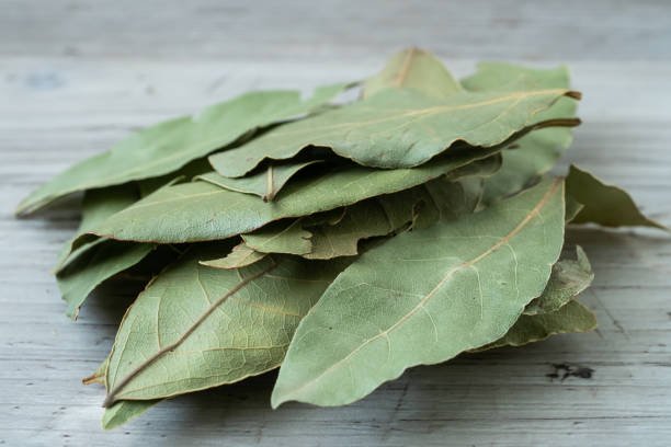 Dried whole bay leaves on cutting board (Laurus nobilis)