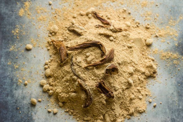 Close-up of dry mango powder and dry mango